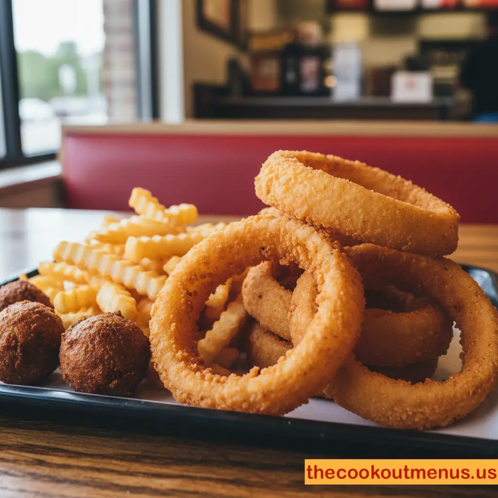 Thick and crispy Cookout onion rings compared to other tray sides