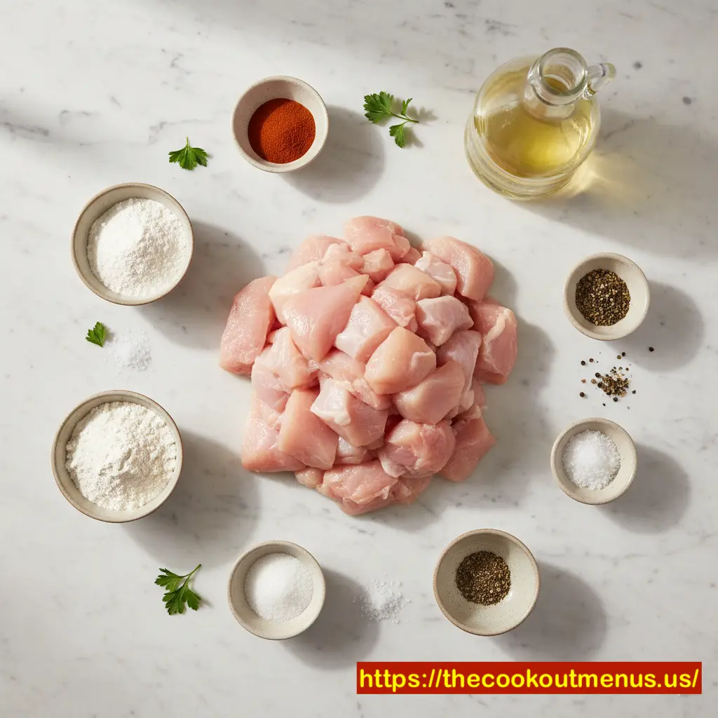 Cook Out Chicken Nuggets ingredients display with chicken, flour, spices, and oil