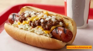 Cookout hot dogs with chili slaw and cheese served fresh