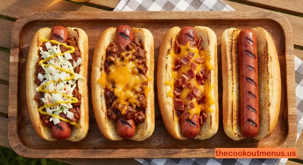 Different Cookout hot dog styles including chili cheese and bacon cheddar