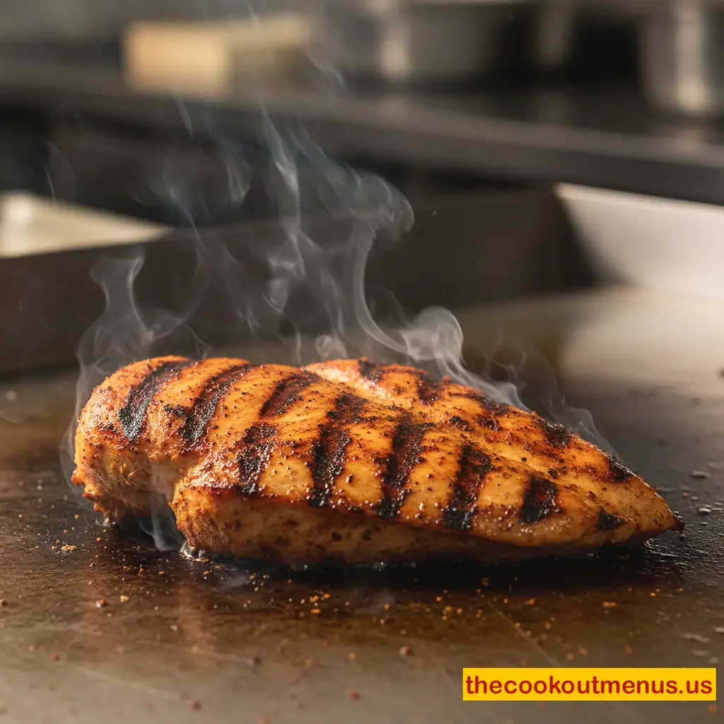 Grilled Cajun-seasoned chicken breast on a flat grill, showing smoky texture, caramelized seasoning, and clear grill marks, cooked in Cookout style