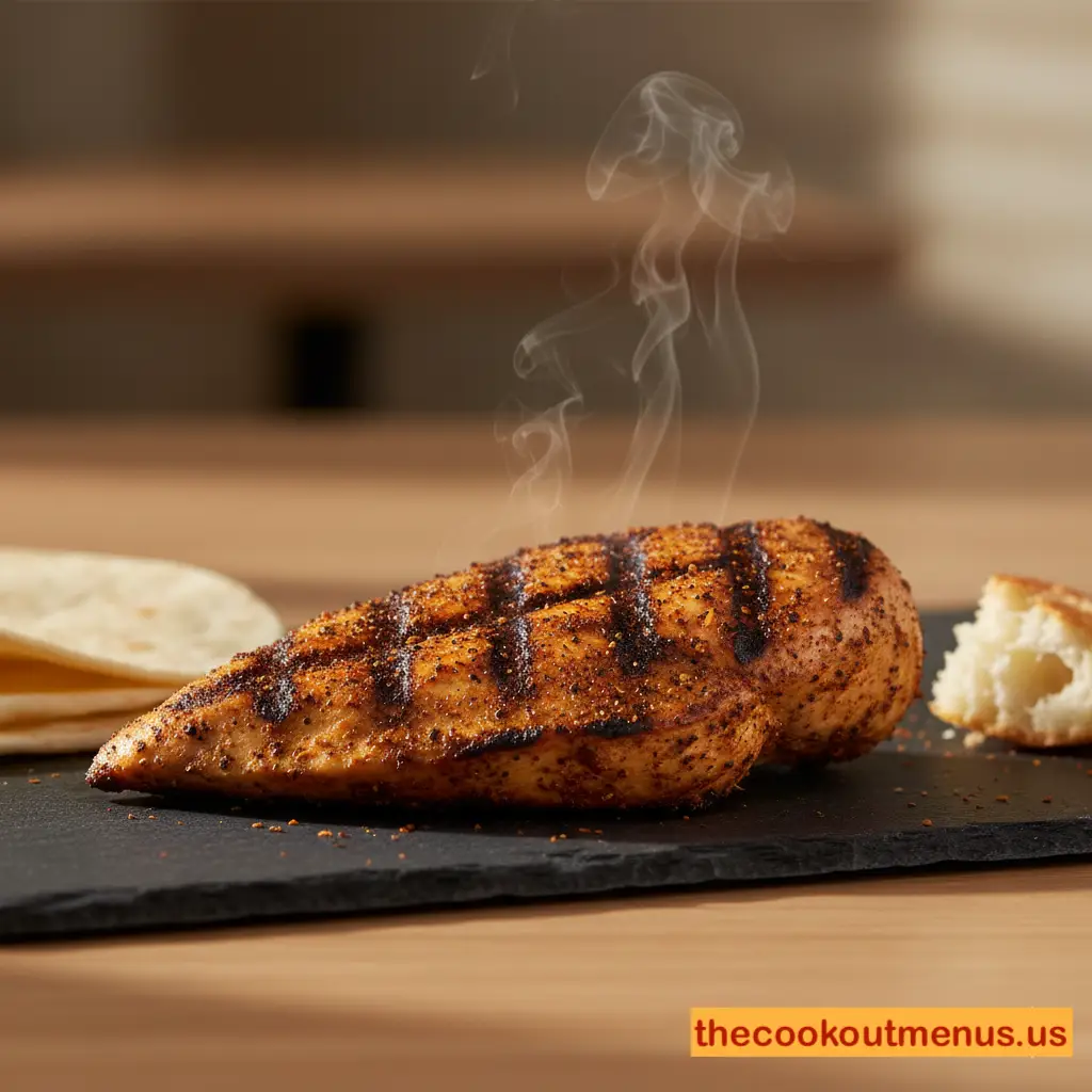 Grilled Cajun-seasoned chicken breast from Cookout, showing smoky grill marks and Cajun spices, versatile for sandwiches, wraps, or trays