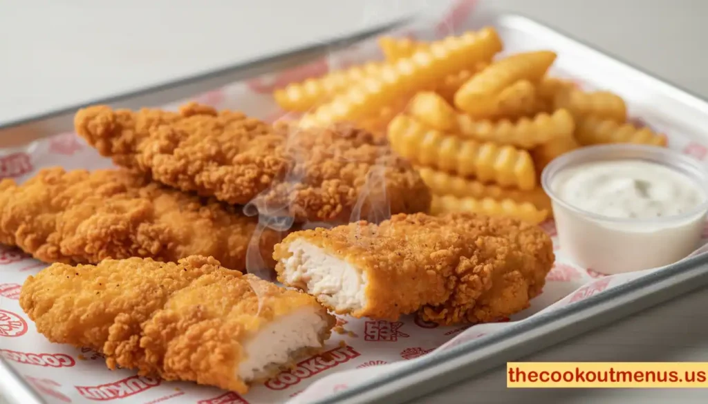 Cookout tray with three crispy chicken strips, fries, and a small ramekin of ranch or BBQ sauce, showing portion size and tender chicken inside, presented in professional fast-food style.