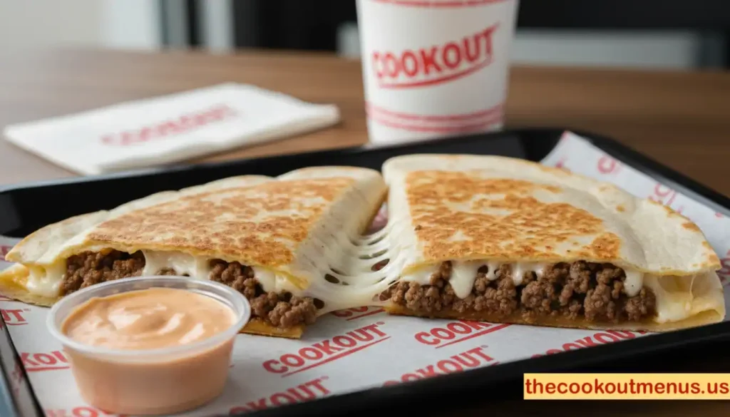 Cookout beef quesadilla cut in half showing seasoned beef and melted cheese inside, served on a Cookout tray with a small cup of sauce, professional food photography style.