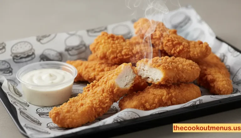 Cookout Chicken Strips on a paper-lined tray, golden and crispy with one cut open to show tender juicy chicken inside, presented in professional fast-food style.