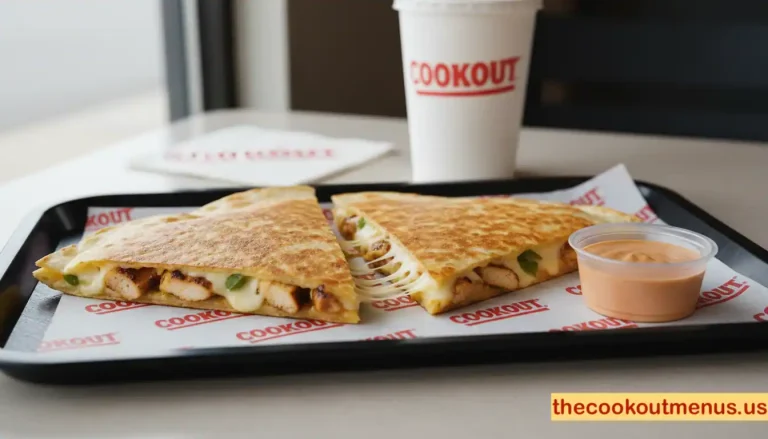 Cookout quesadilla cut in half with melted cheese and chicken or beef inside, served on a Cookout tray with a small cup of quesadilla sauce, professional food photography style.