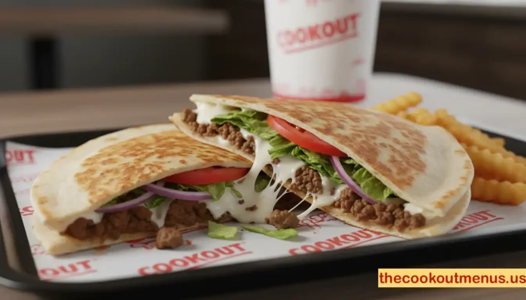 Cookout cheeseburger quesadilla cut in half showing seasoned burger beef, melted cheese, and toppings inside a tortilla, served on a Cookout tray with fries and a branded drink, professional food photography style.
