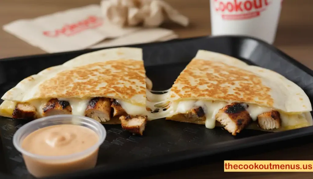 Cookout chicken quesadilla cut in half showing grilled chicken and melted cheese inside, served on a Cookout tray with a small cup of sauce, professional food photography style.