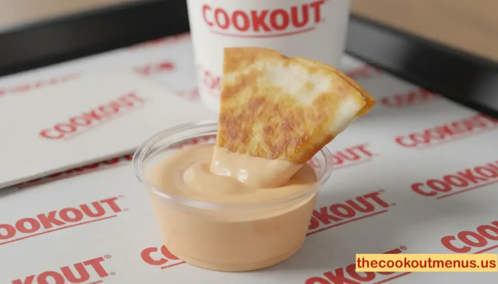 Small cup of Cookout quesadilla sauce with a quesadilla corner dipped in it, on a Cookout tray, professional food photography style.