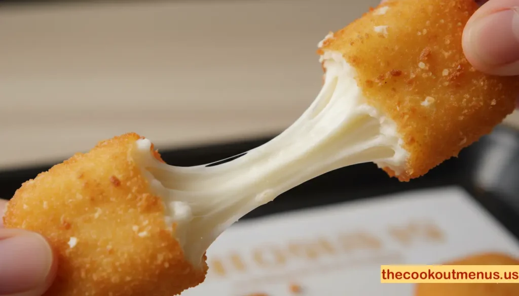 Cookout white cheddar cheese bites pulled apart showing melted cheese inside, crispy golden breading, served on a tray in realistic fast-food style.