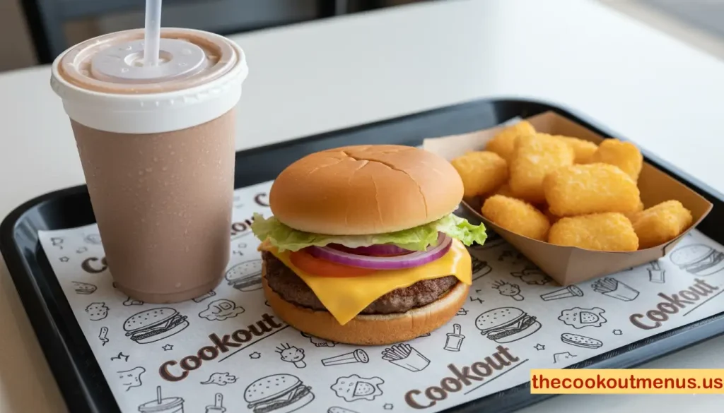 Full Cookout tray with a cheeseburger or chicken wrap, golden white cheddar cheese bites, and a milkshake, arranged on a paper-lined tray in realistic fast-food style.