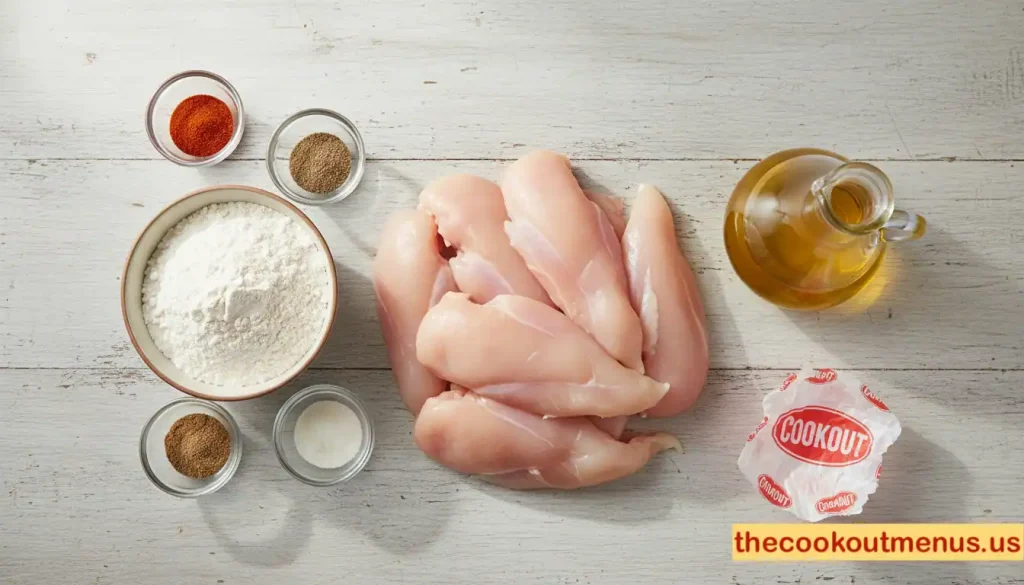 Flat-lay of Cookout Chicken Strips ingredients, including raw chicken strips, seasoned flour, spices, and vegetable oil, arranged on a neutral surface in professional food photography style.