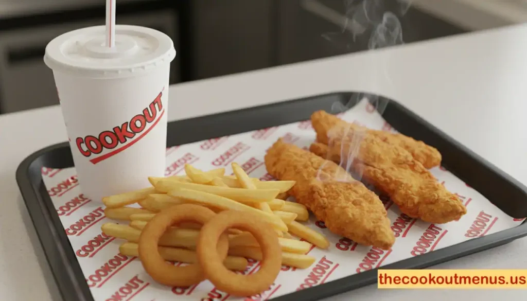 Cookout tray with three crispy chicken strips, straight-cut fries, onion rings, and a milkshake in a branded Cookout cup, presented on a paper-lined tray in professional restaurant style.
