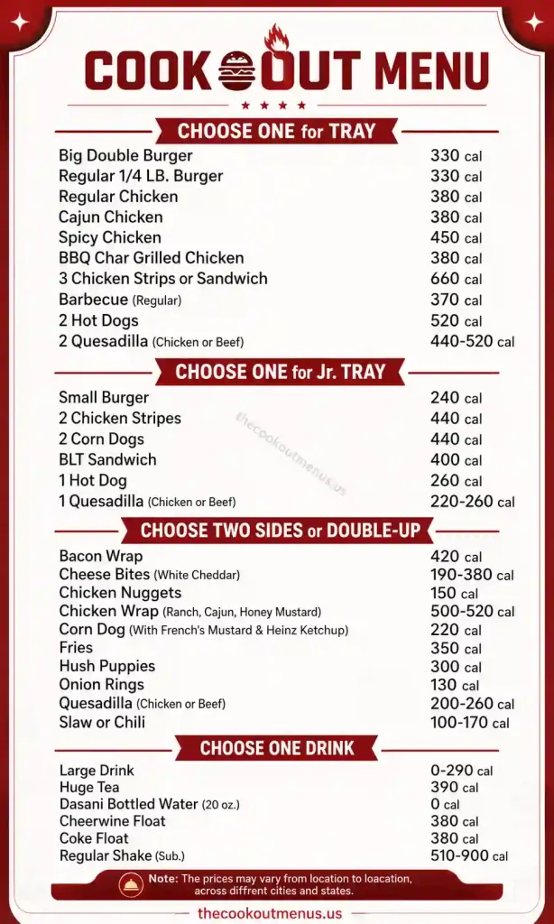 Cookout Tray Menu with callories list