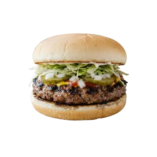 Cook Out Everything Style hamburger with mayo, mustard, ketchup, pickles, onion and lettuce