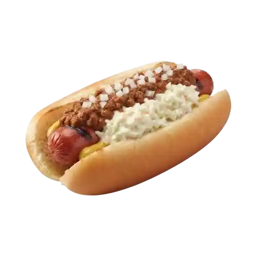 Cook Out Style Hot Dog with chili, slaw, mustard and onion