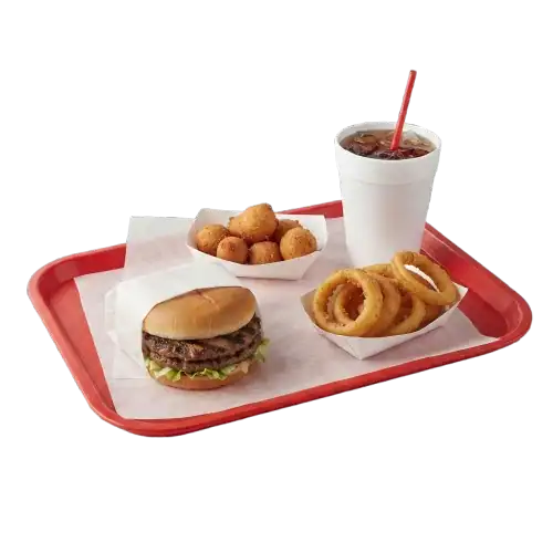 Cook Out Tray with a burger, hushpuppies, onion rings and a drink