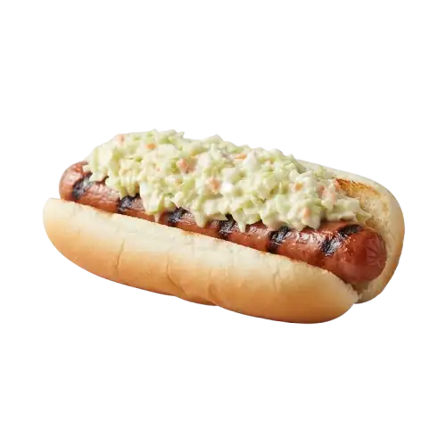 Cook Out Slaw Dog, a char-grilled hot dog topped with creamy coleslaw