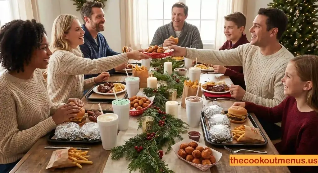 Family sharing a holiday meal of burgers, fries, hushpuppies and milkshakes