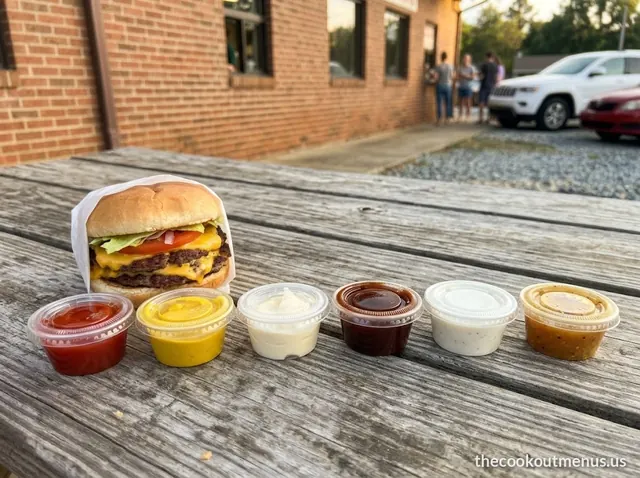 Cook Out-style burger with cups of ketchup, mustard, mayo, BBQ sauce, ranch and honey mustard
