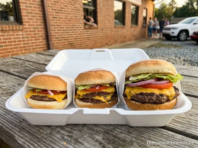 Char-grilled burgers from the Cook Out menu in three sizes, wrapped in wax paper in a foam tray