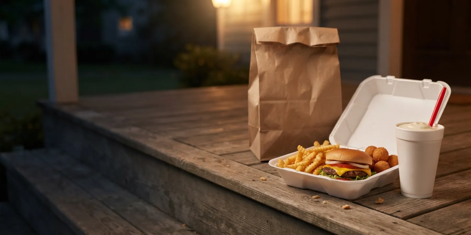 Cookout delivery order on a porch at dusk: a brown paper bag, a foam tray with a cheeseburger, fries and hushpuppies, and a milkshake