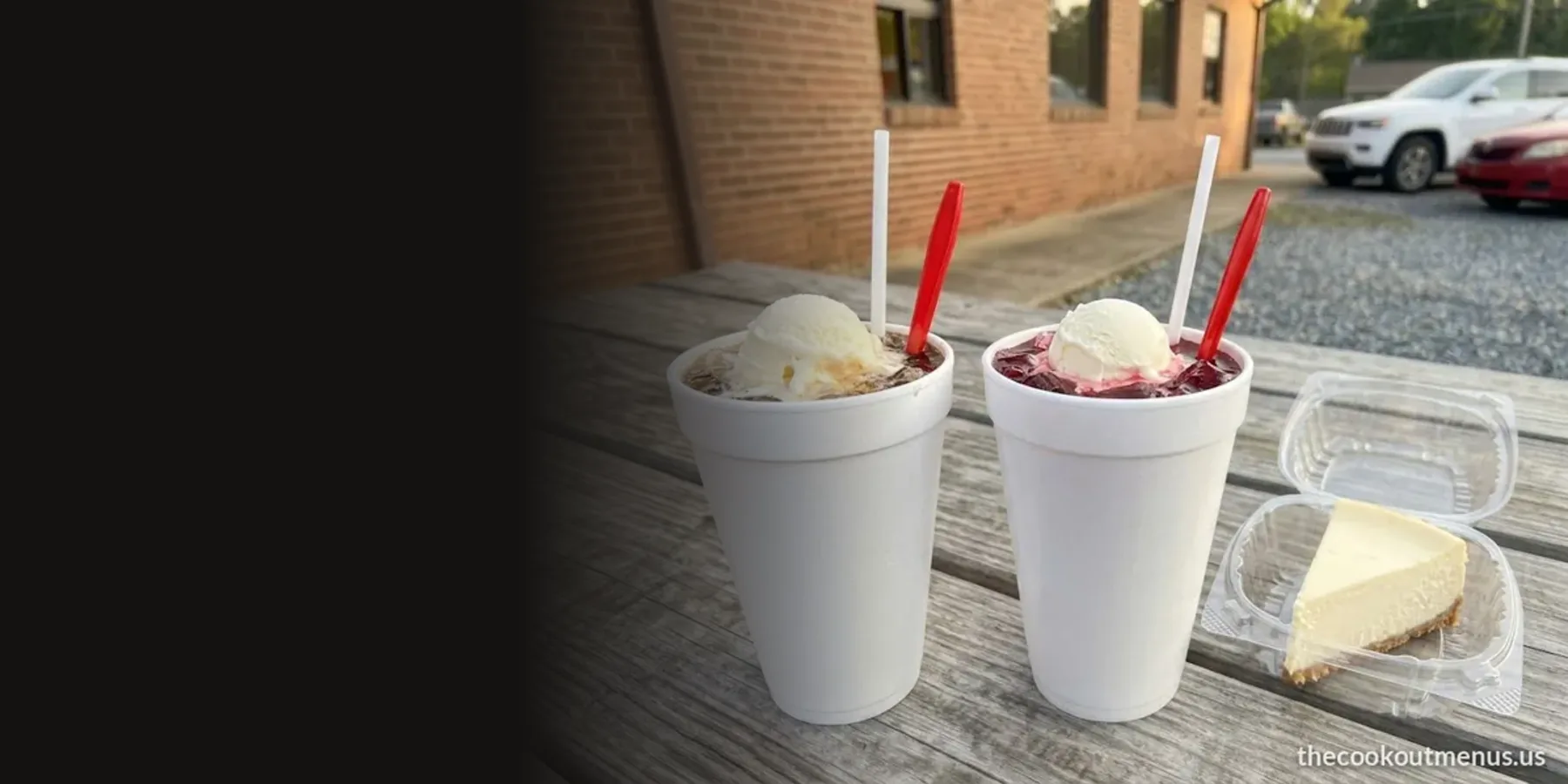 Coke Float, Cheerwine Float and a slice of New York-style cheesecake from the Cook Out desserts menu