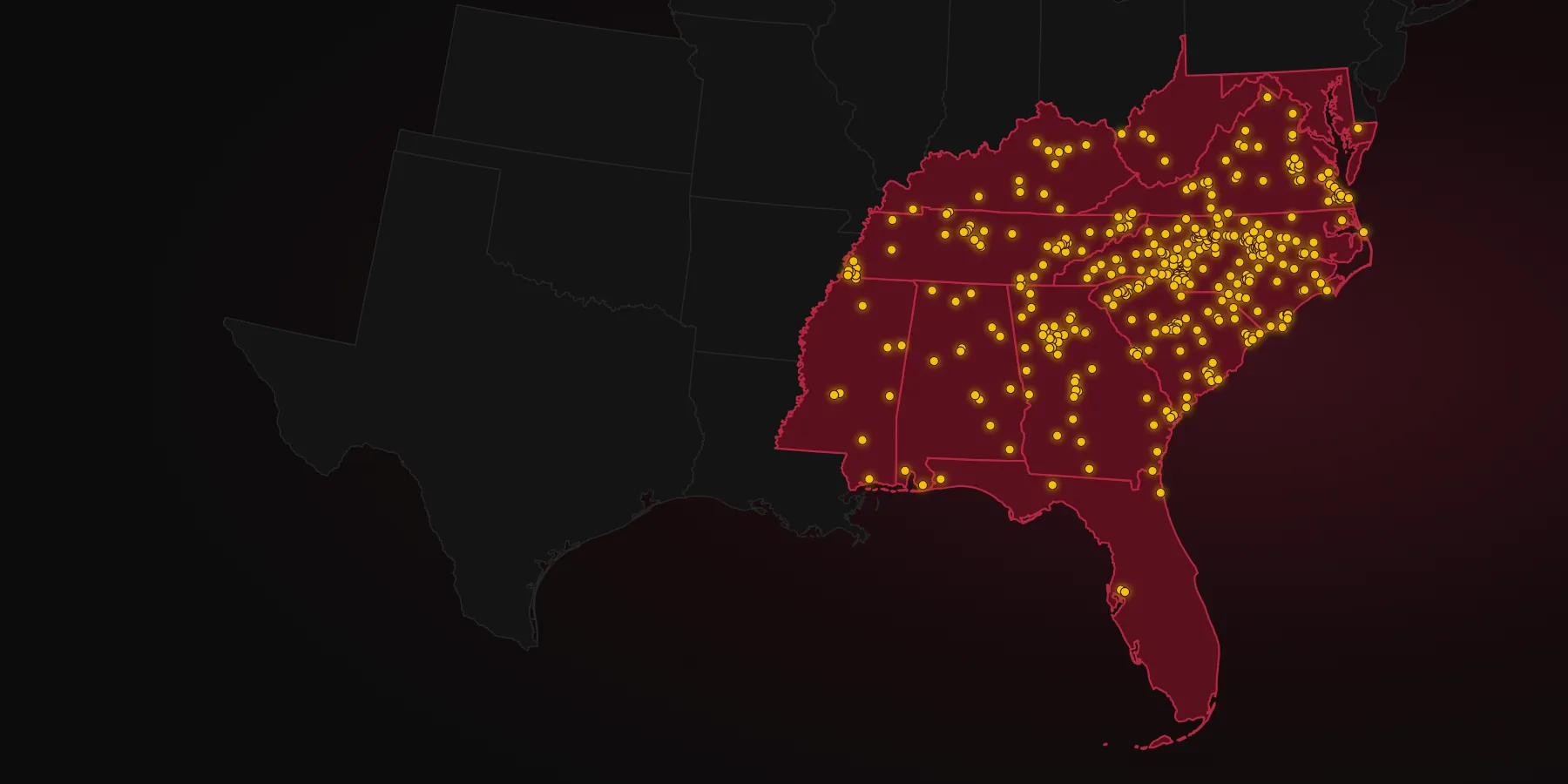 Map of the Southeast showing all 371 Cook Out locations in 11 states