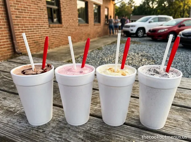 Four thick milkshakes from the Cook Out menu in foam cups: chocolate, strawberry, banana pudding and Oreo