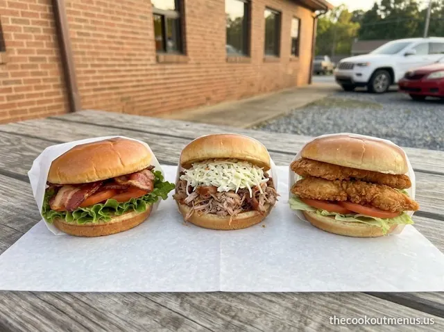 Three Cook Out-style sandwiches: a BLT, a chopped pork BBQ sandwich with slaw and a chicken strip sandwich