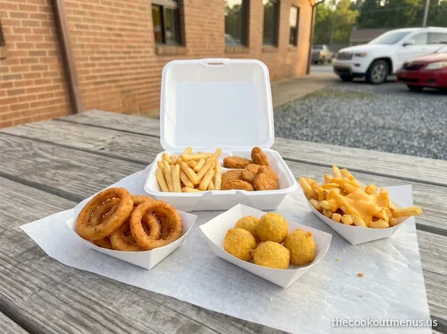 Cookout menu sides: fries, onion rings, hushpuppies, cheese fries and chicken nuggets