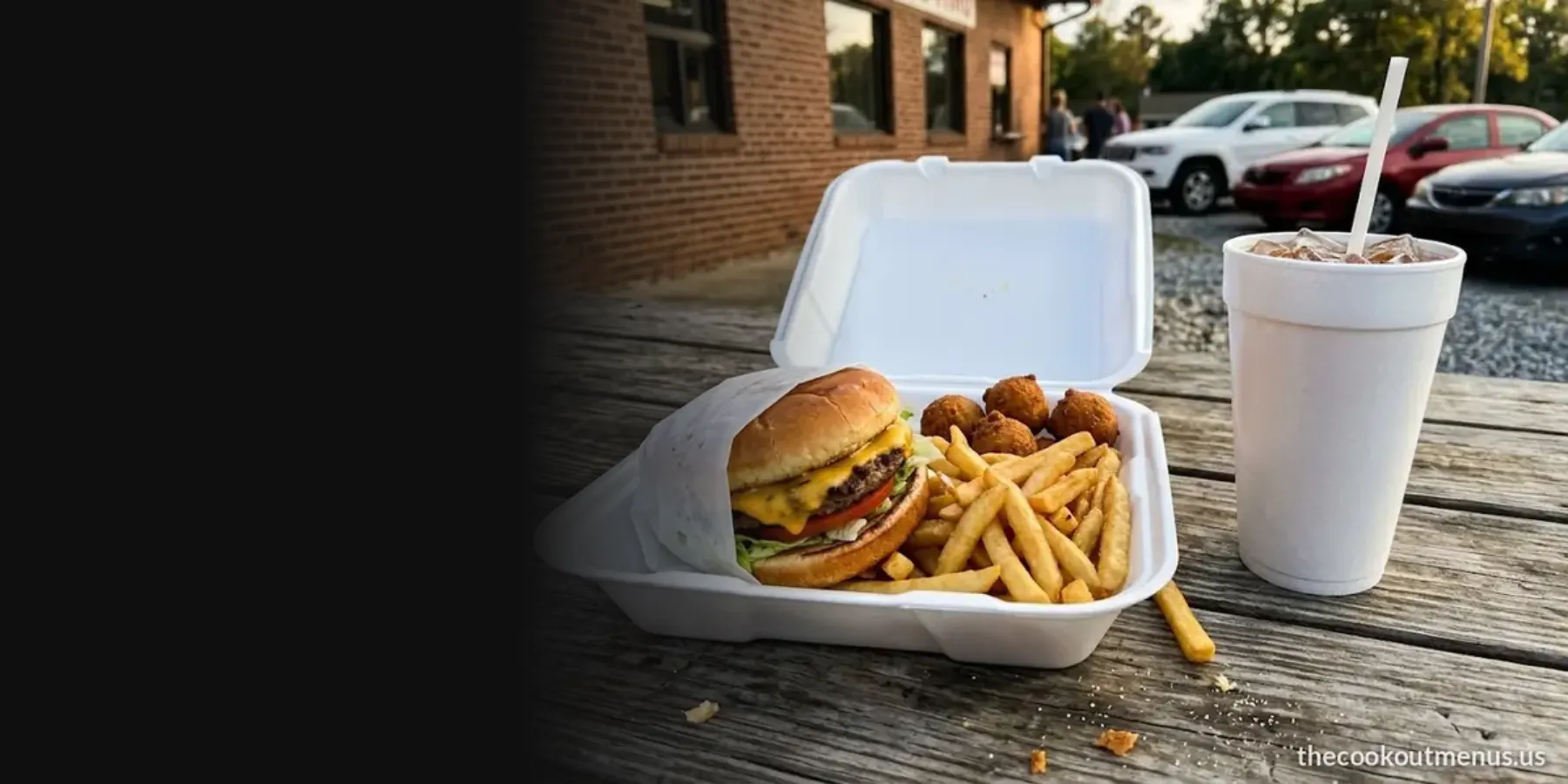 Cook Out Tray with a char-grilled cheeseburger, fries, hushpuppies and a large sweet tea