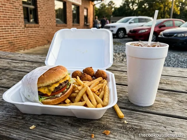 Cookout menu tray: a char-grilled cheeseburger, fries and hushpuppies in a foam tray with a large sweet tea