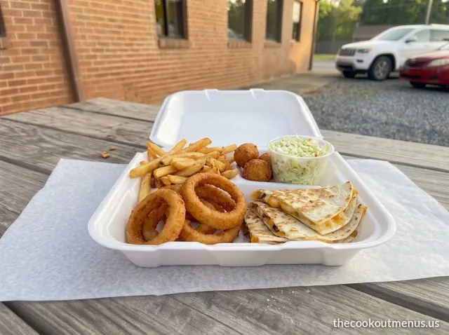 Vegetarian-friendly sides on the Cook Out menu: cheese quesadilla, fries, onion rings, hushpuppies and slaw