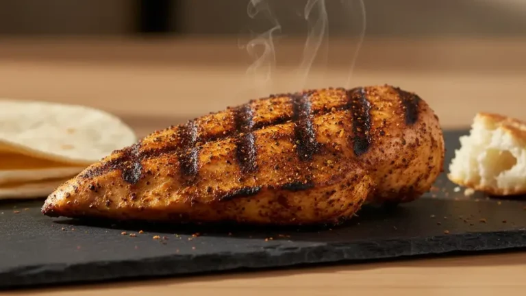 Char-grilled Cajun seasoned chicken breast on a slate board