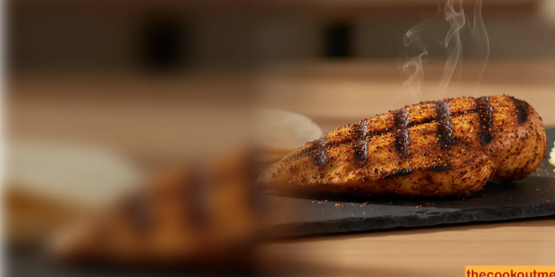 Char-grilled Cajun seasoned chicken breast from Cookout on a slate board