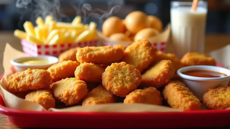 Cookout chicken nuggets on a tray with fries, hushpuppies and dipping sauces