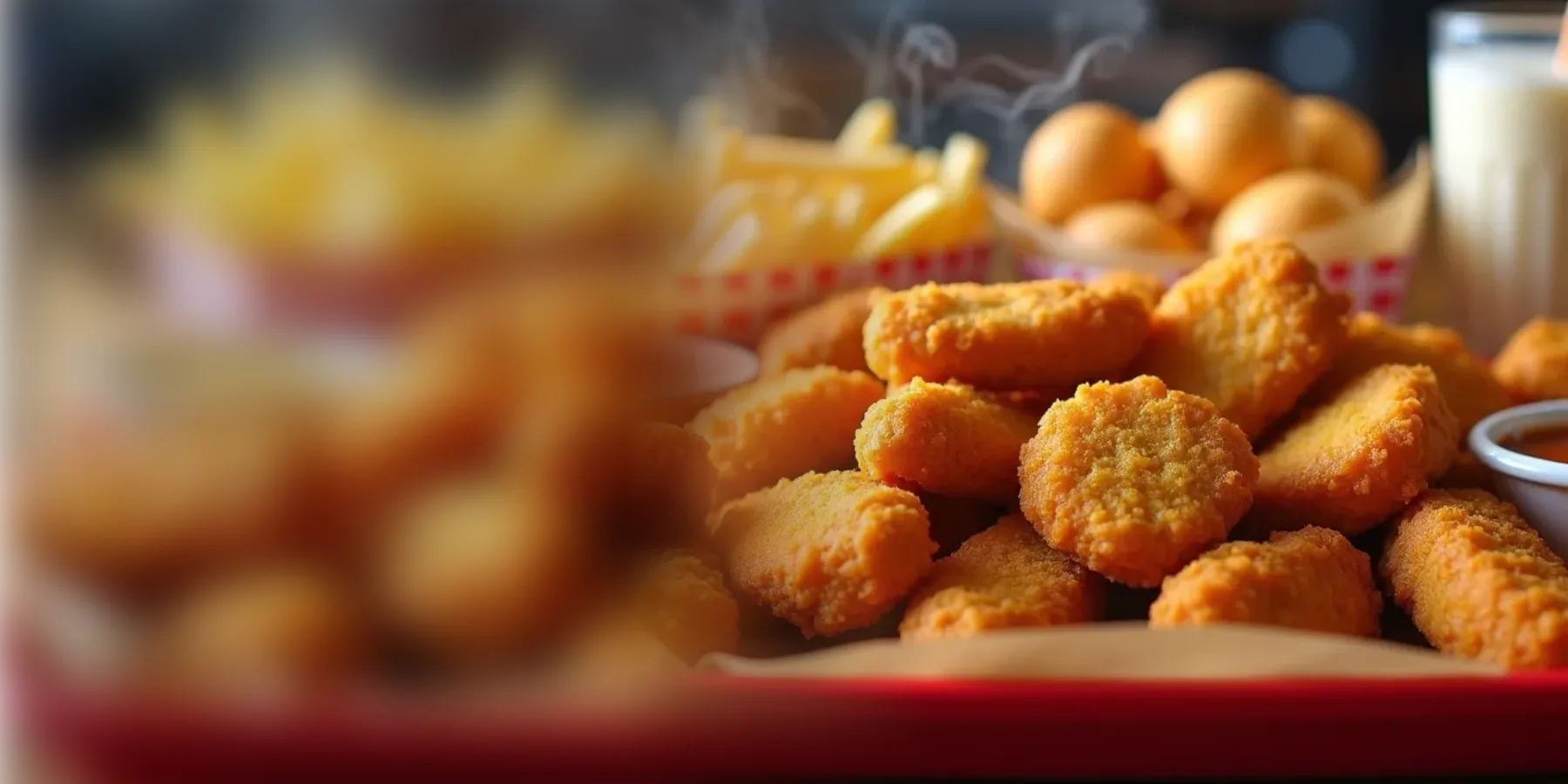 Cookout chicken nuggets on a tray with fries, hushpuppies and a milkshake