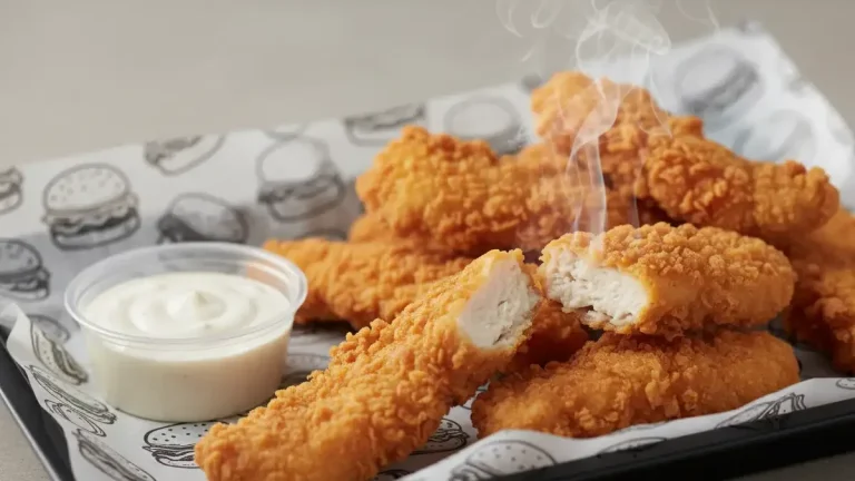 Crispy Cookout chicken strips in a basket with a cup of dipping sauce