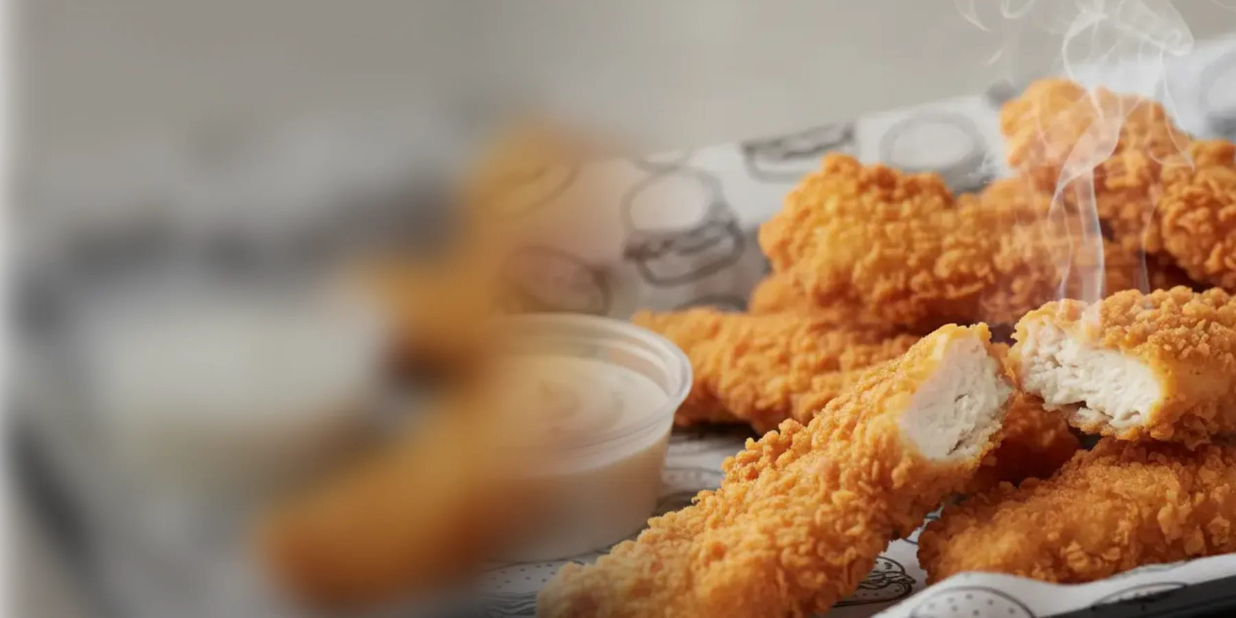 Crispy Cookout chicken strips in a paper-lined basket with a cup of dipping sauce