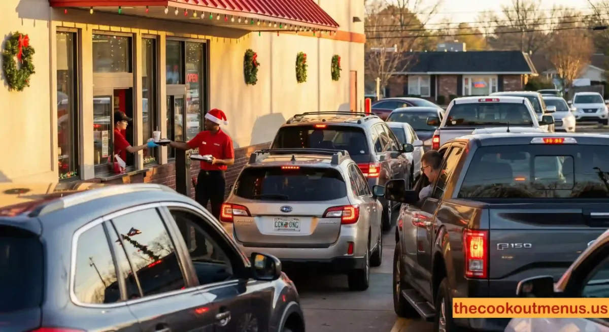 Cook Out drive-thru line on Christmas Eve with a crew member in a Santa hat