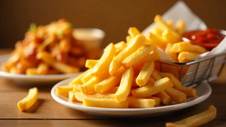 A plate of golden Cookout french fries with a basket of fries and a dipping sauce