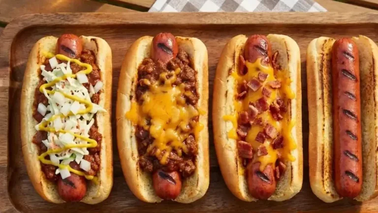 Four Cookout hot dogs on a wooden board, from Cook Out Style to a plain grilled dog