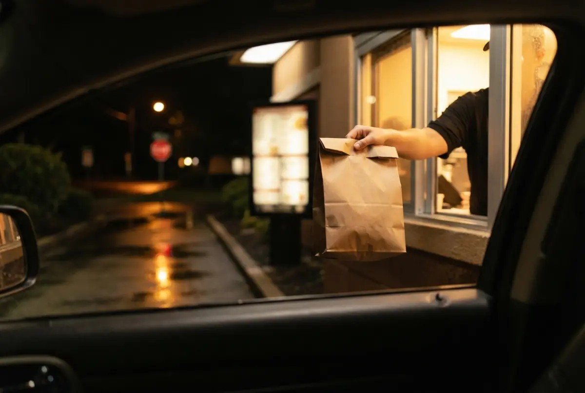 Drive-thru worker handing a paper bag of food to a car at night