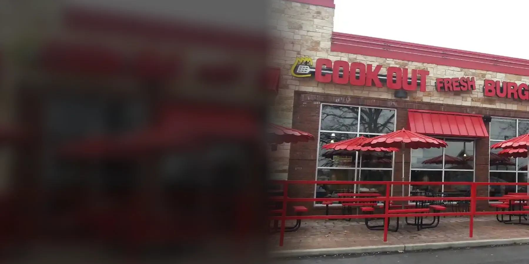 Cook Out restaurant at 855 S Broadway in Lexington KY with red umbrellas, a railed patio and the Cook Out Fresh Burgers sign