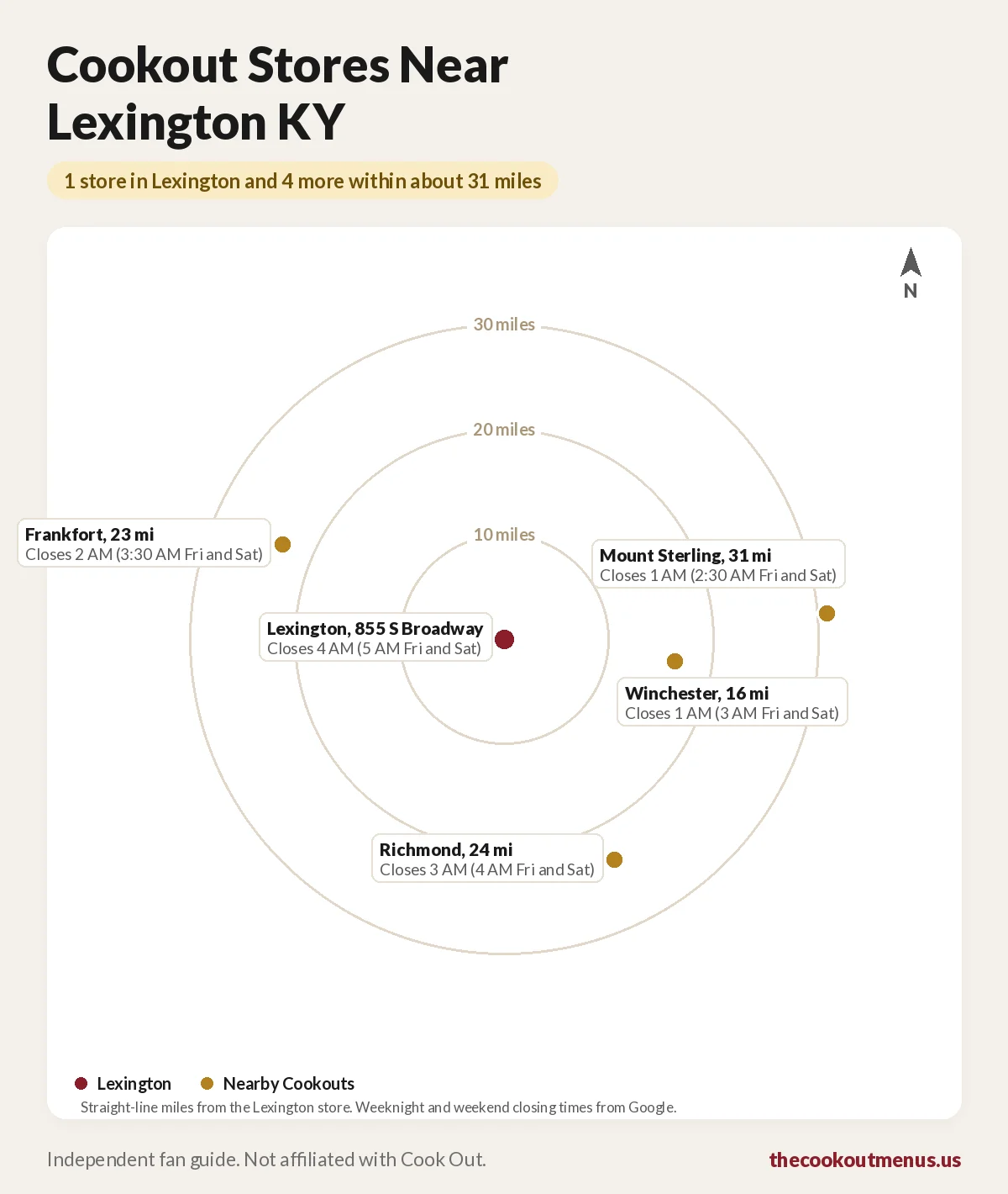 Map of Cookout stores near Lexington KY, showing the 855 S Broadway store and nearby stores in Winchester, Frankfort, Richmond and Mount Sterling with closing times