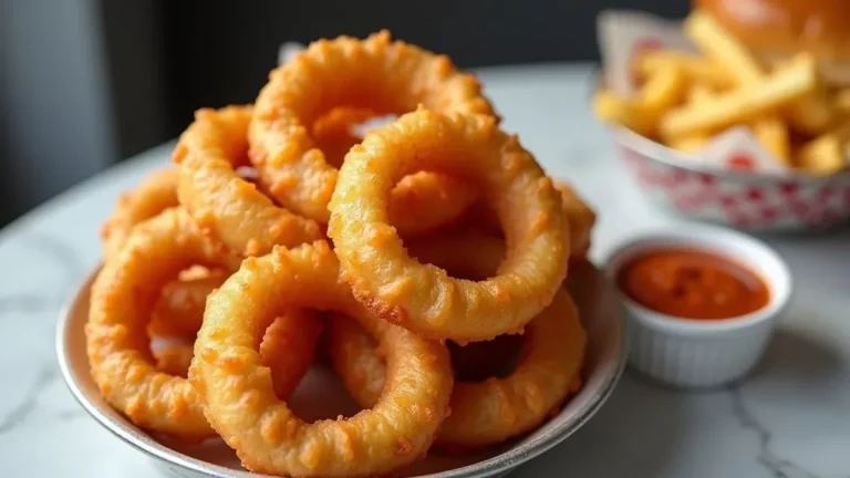 Crispy Cookout onion rings on a plate with a cup of dipping sauce and fries