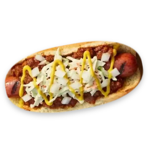 Cook Out Style hot dog topped with homemade chili, slaw, mustard and chopped onion