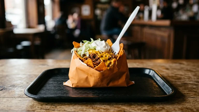 Cookout Walking Taco, chips topped with chili, shredded cheese, lettuce and sour cream in a paper bag with a fork