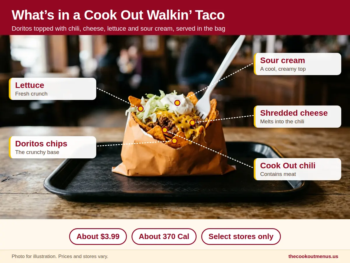 Labeled photo of what is in a Cook Out Walkin Taco, Doritos, chili, cheese, lettuce and sour cream, about $3.99 and 370 calories